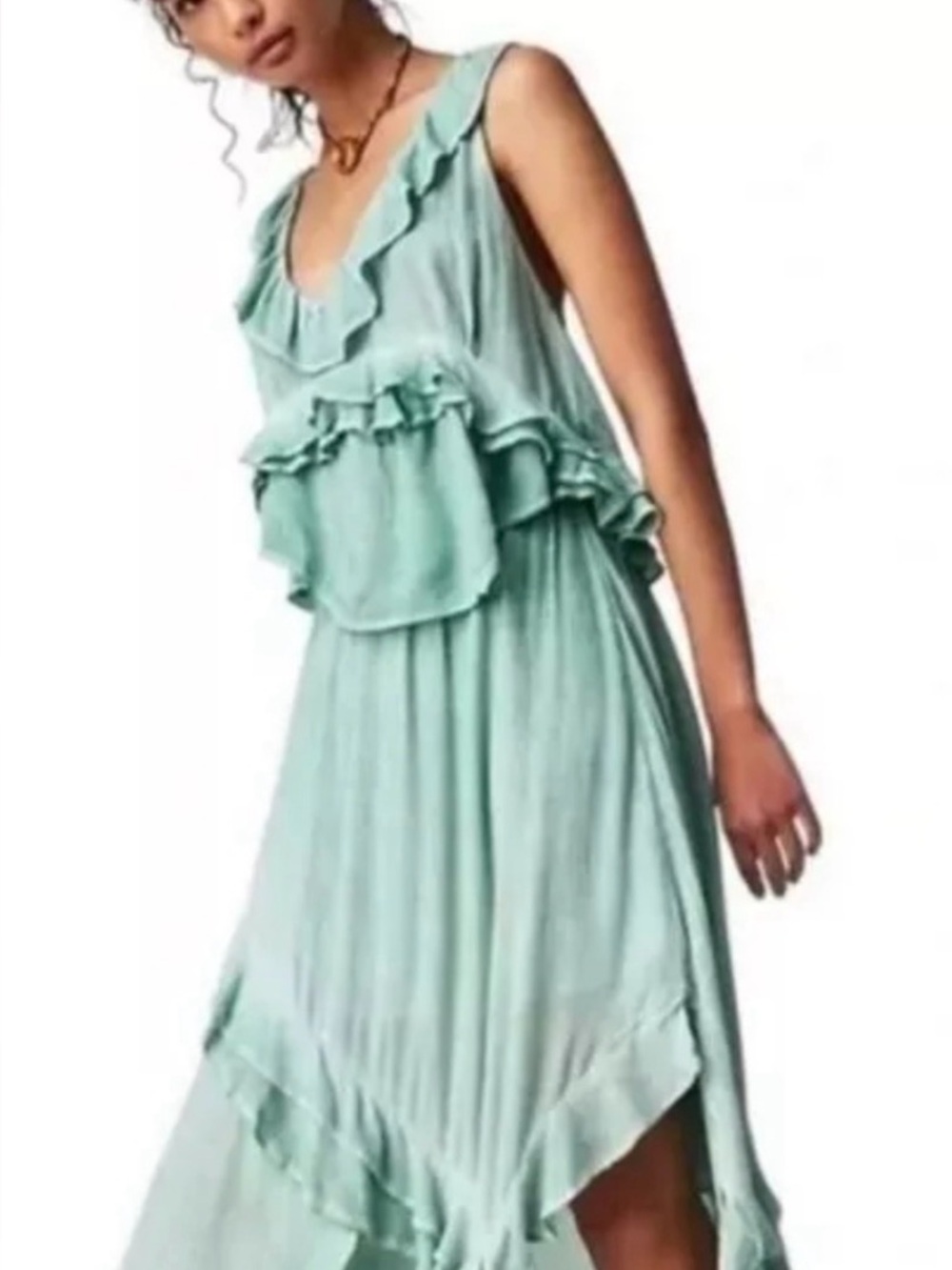 Free People If Only Skirt Set In Harbor Mint Rayon Gauze Asymmetrical Ruffle - Picture 3 of 6